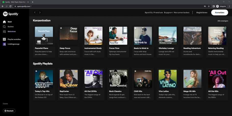 Webseite von Spotify im Dark Mode