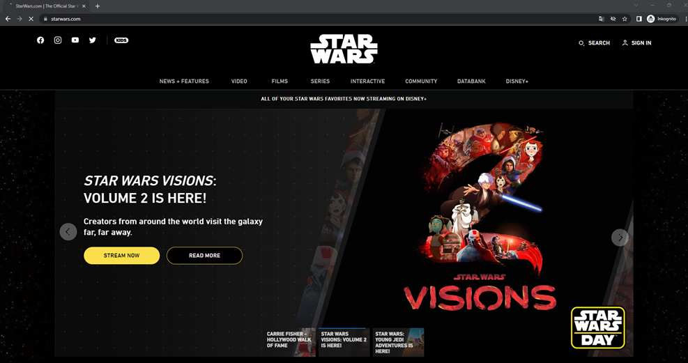 Dark Mode im Webdesign von der Starwars Seite